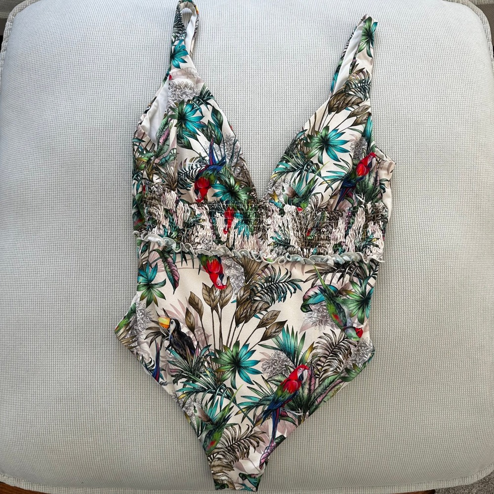 Tropical Calzedonia‎ Bird & Leaf Print One Piece Swimsuit Deep V Smocked Waist